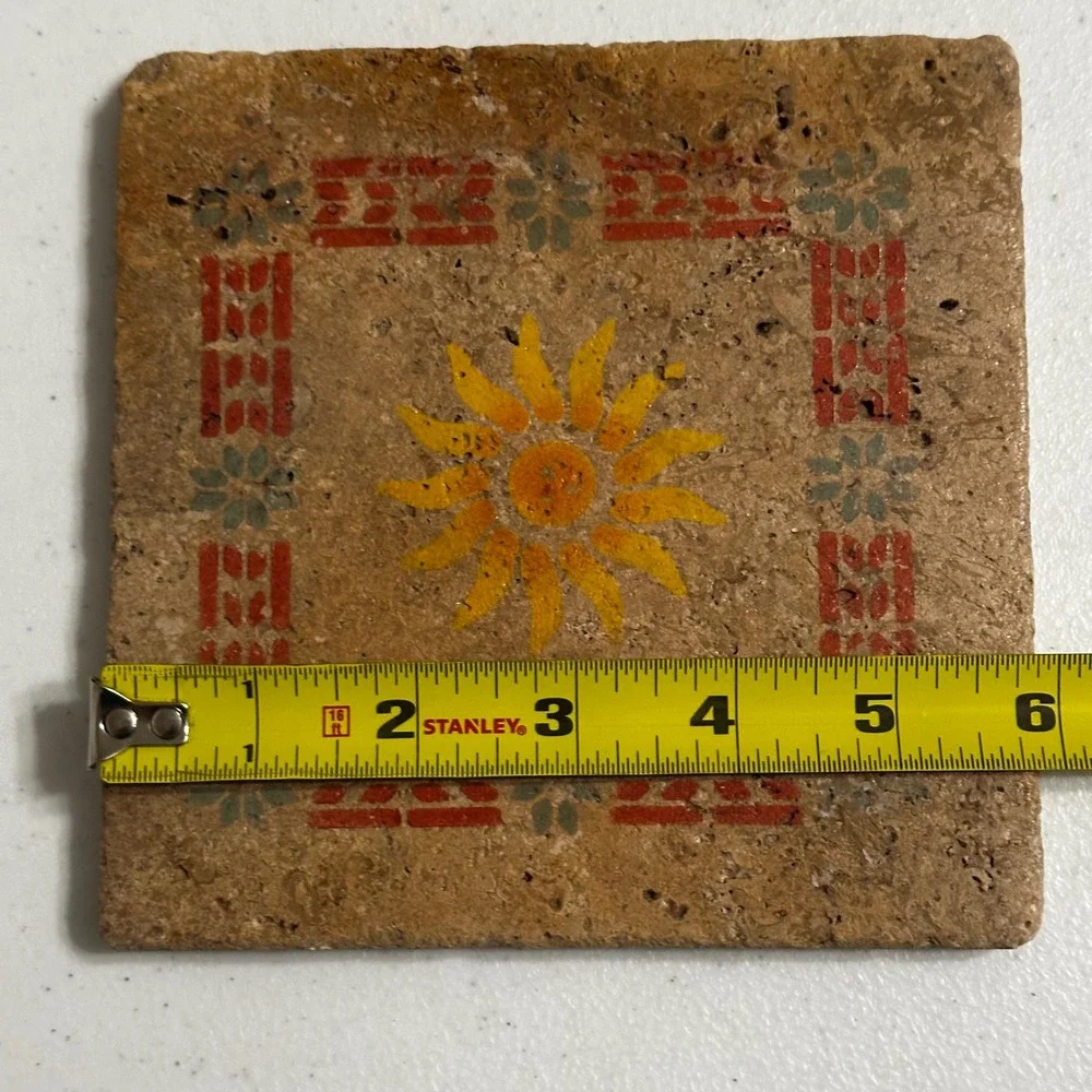 Vintage Travertine Stone Coaster Sunburst Sun Geometric Red Green Tan 6 x 6 Tile